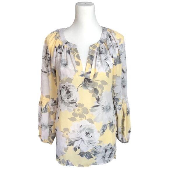 Seoni Tops - Seoni  Yellow and‎ Gray Floral Long Sleeve V-Neck Blouse  Top Size M
